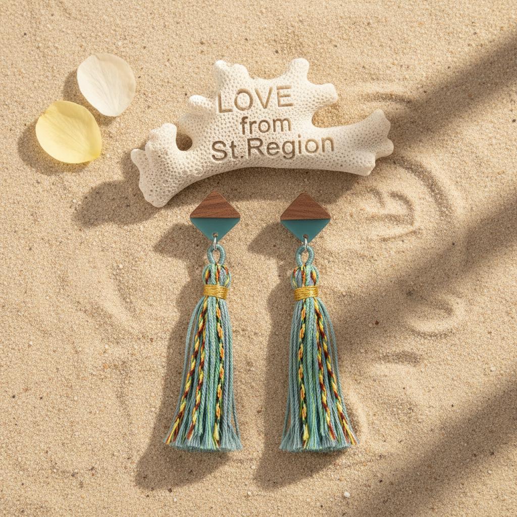 Green Polyster and Resin Wood Silvertone Tassel Statement Drop Earrings, silver drop earrings for women, lifestyle look