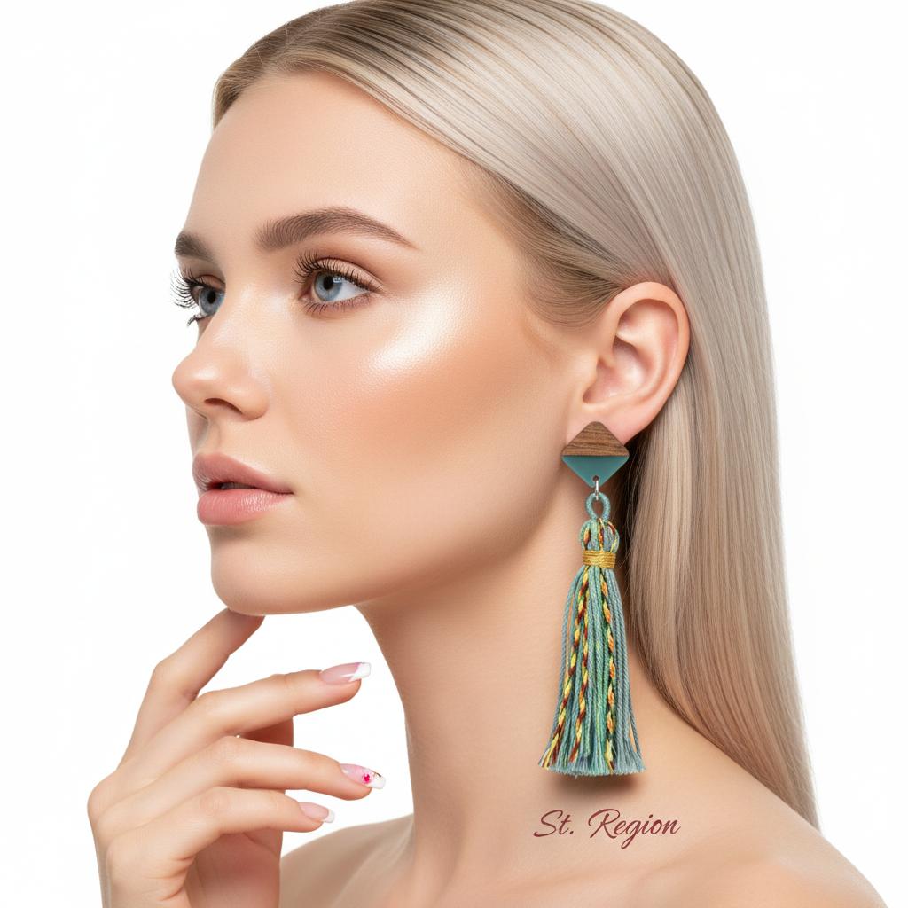 Green Polyster and Resin Wood Silvertone Tassel Statement Drop Earrings, silver drop earrings for women, styled look