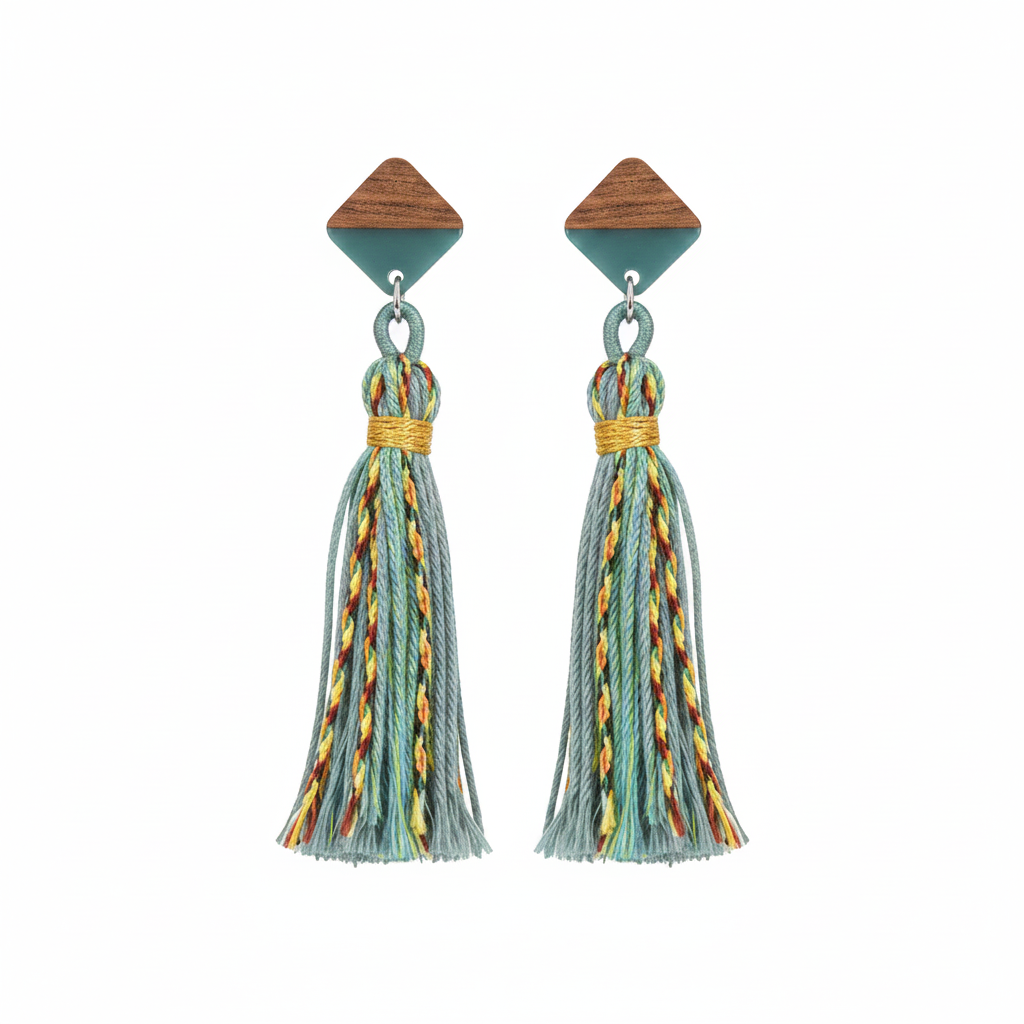 Green Polyster & Resin Wood Silvertone Tassel Statement Drop Earrings - Street Region
