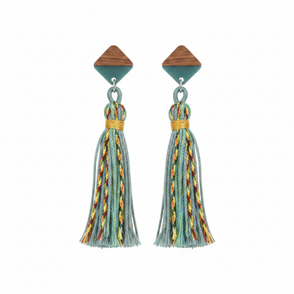 Green Polyster & Resin Wood Silvertone Tassel Statement Drop Earrings - Street Region