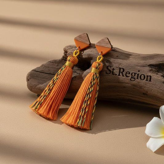 Orange Polyster and Resin Wood Silvertone Tassel Statement Drop Earrings, gold drop earrings for women, front view