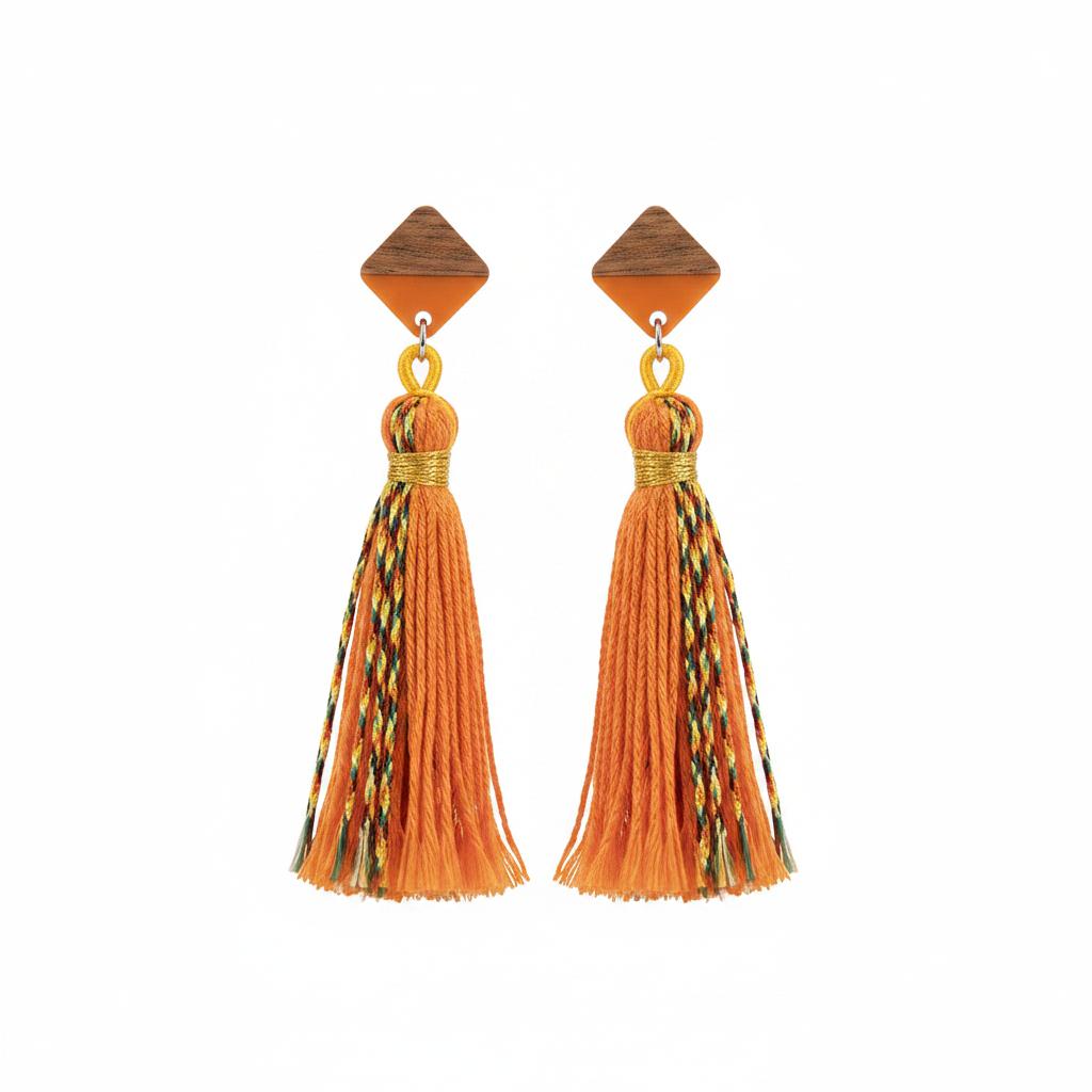 Orange Polyster and Resin Wood Silvertone Tassel Statement Drop Earrings, silver drop earrings for women, side view