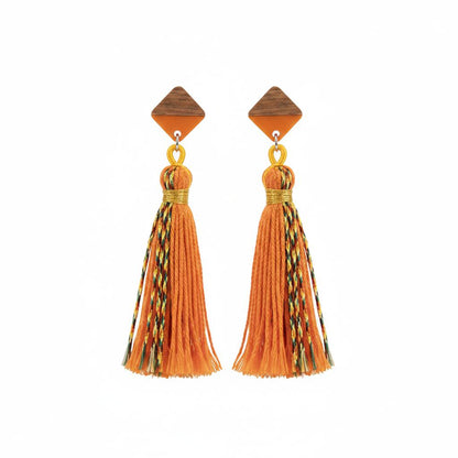 Orange Polyster and Resin Wood Silvertone Tassel Statement Drop Earrings, silver drop earrings for women, side view