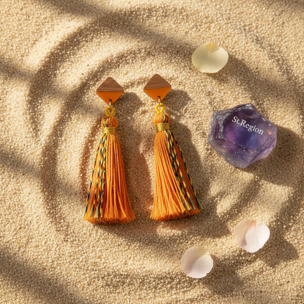 Orange Polyster and Resin Wood Silvertone Tassel Statement Drop Earrings, silver drop earrings for women, detail close-up