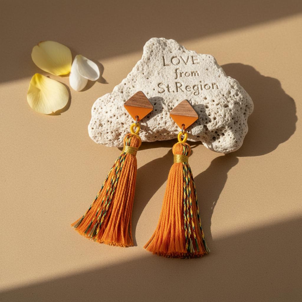 Orange Polyster and Resin Wood Silvertone Tassel Statement Drop Earrings, silver drop earrings for women, lifestyle look