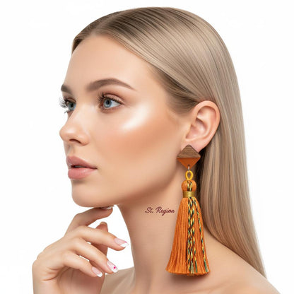 Orange Polyster and Resin Wood Silvertone Tassel Statement Drop Earrings, silver drop earrings for women, styled look