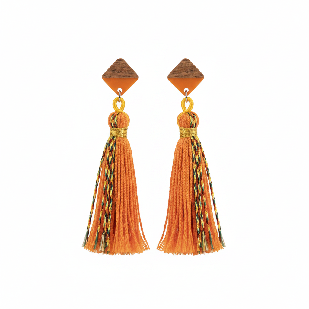Orange Polyster & Resin Wood Silvertone Tassel Statement Drop Earrings - Street Region