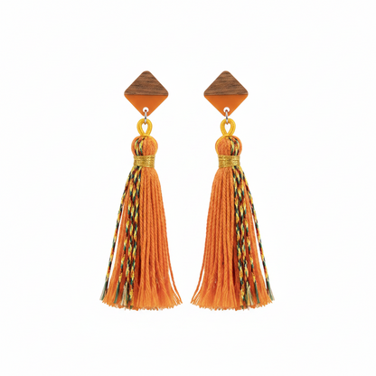 Orange Polyster & Resin Wood Silvertone Tassel Statement Drop Earrings - Street Region