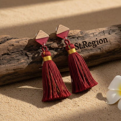 Rose Polyster and Resin Wood Silvertone Tassel Statement Drop Earrings, silver drop earrings for women, front view