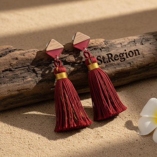 Rose Polyster and Resin Wood Silvertone Tassel Statement Drop Earrings, gold drop earrings for women, front view