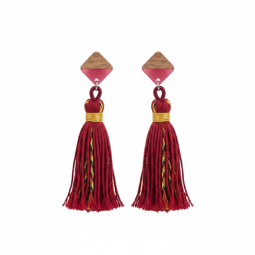 Rose Polyster and Resin Wood Silvertone Tassel Statement Drop Earrings, silver drop earrings for women, side view