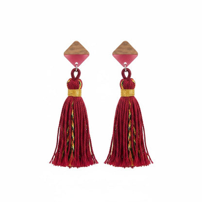 Rose Polyster and Resin Wood Silvertone Tassel Statement Drop Earrings, silver drop earrings for women, side view