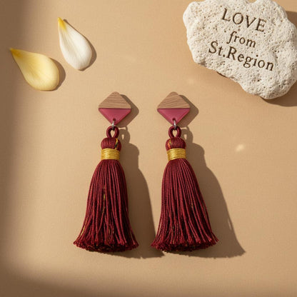 Rose Polyster and Resin Wood Silvertone Tassel Statement Drop Earrings, silver drop earrings for women, lifestyle look