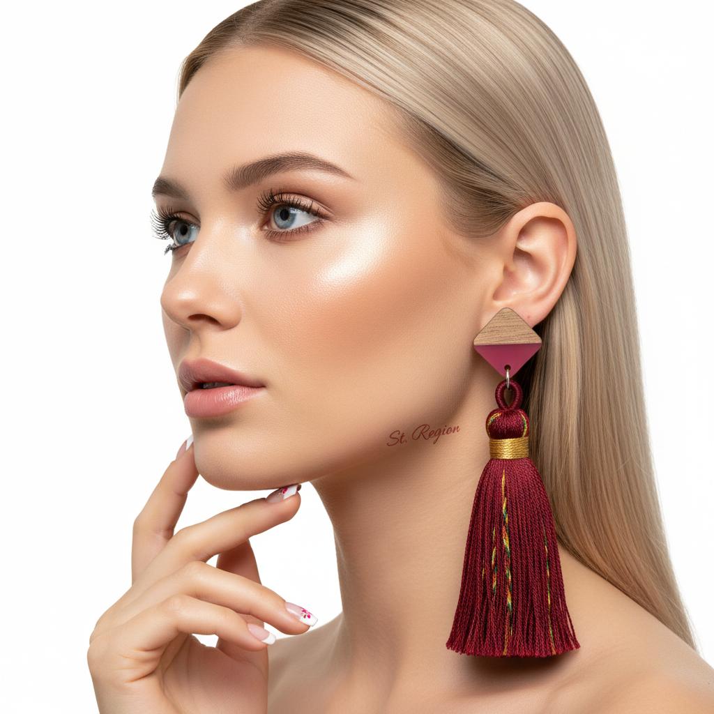 Rose Polyster and Resin Wood Silvertone Tassel Statement Drop Earrings, silver drop earrings for women, styled look