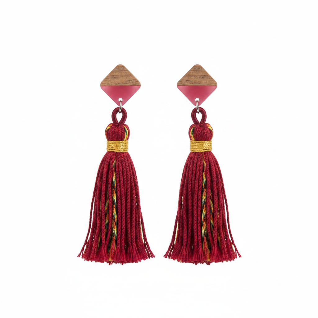 Rose Polyster & Resin Wood Silvertone Tassel Statement Drop Earrings - Street Region