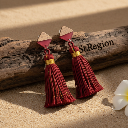 Rose Polyster & Resin Wood Silvertone Tassel Statement Drop Earrings - Street Region