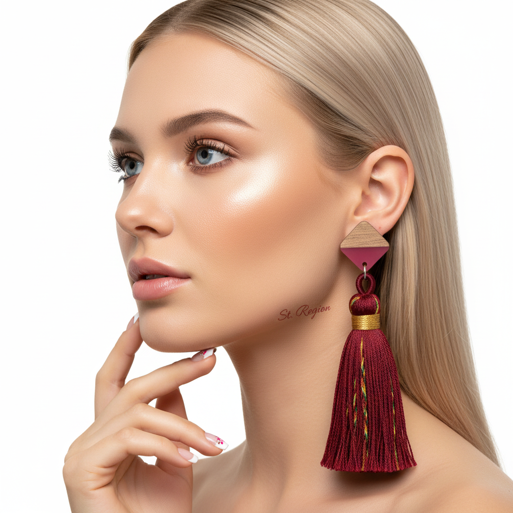 Rose Polyster & Resin Wood Silvertone Tassel Statement Drop Earrings - Street Region