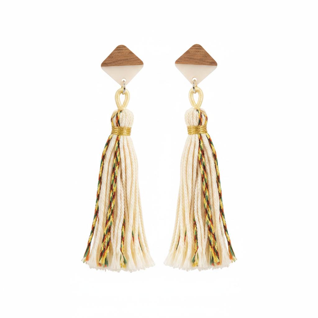 White Polyster and Resin Wood Silvertone Tassel Statement Drop Earrings, silver drop earrings for women, side view