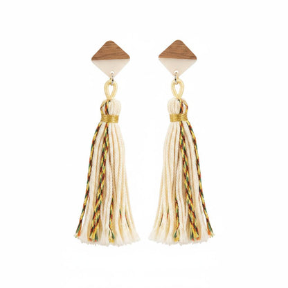 White Polyster and Resin Wood Silvertone Tassel Statement Drop Earrings, silver drop earrings for women, side view