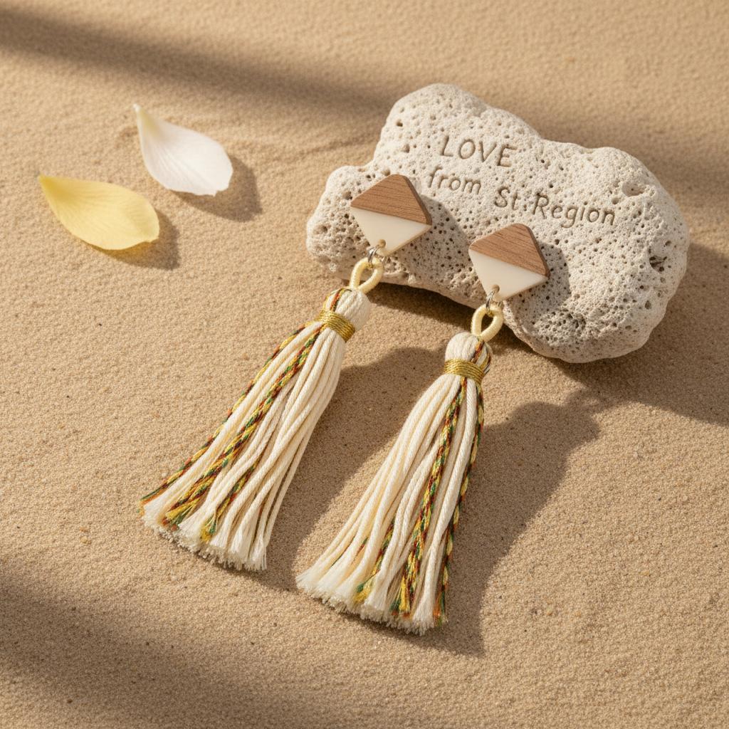 White Polyster and Resin Wood Silvertone Tassel Statement Drop Earrings, silver drop earrings for women, lifestyle look
