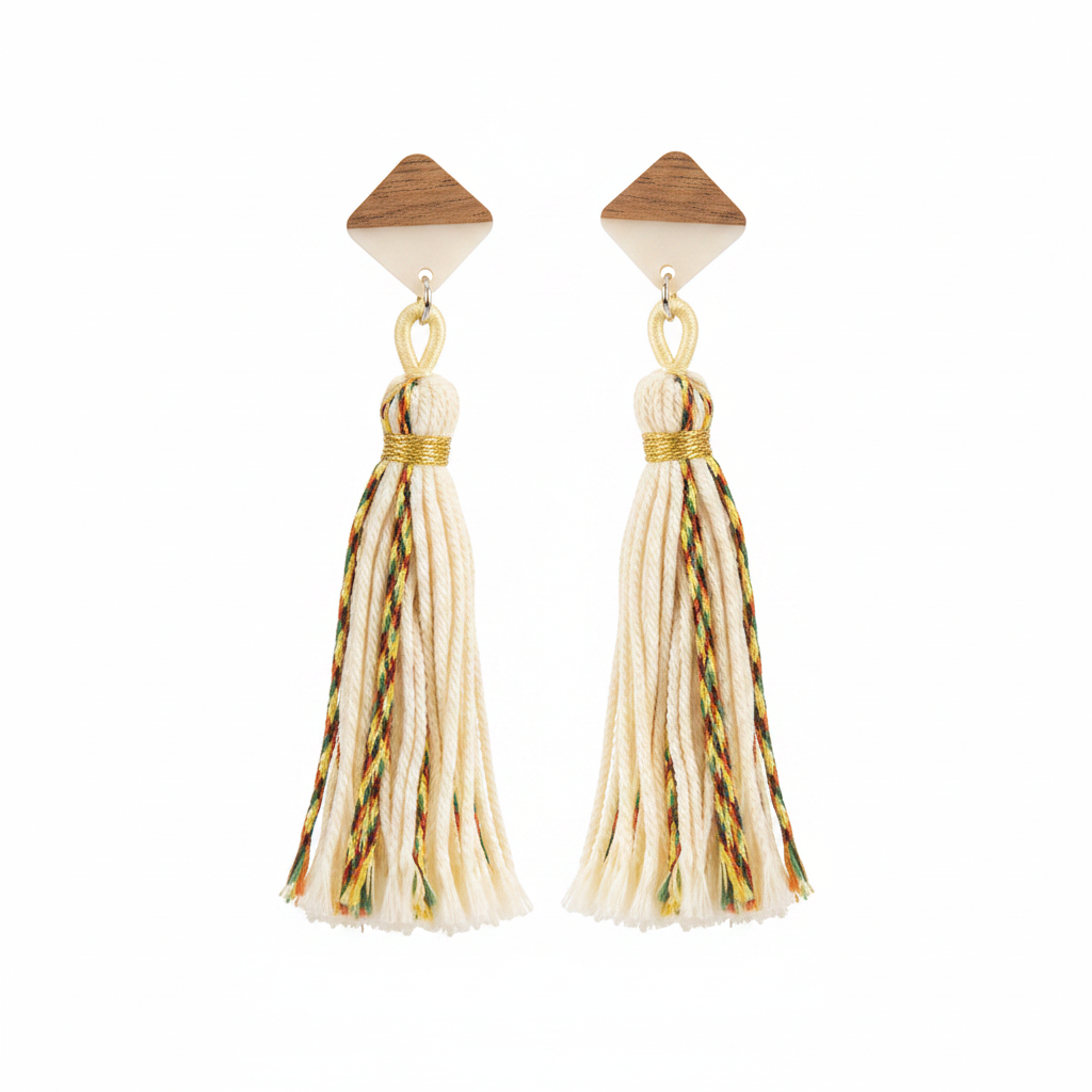 White Polyster & Resin Wood Silvertone Tassel Statement Drop Earrings - Street Region