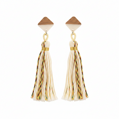 White Polyster & Resin Wood Silvertone Tassel Statement Drop Earrings - Street Region
