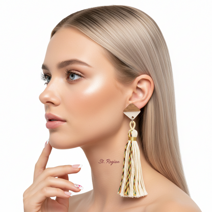 White Polyster & Resin Wood Silvertone Tassel Statement Drop Earrings - Street Region