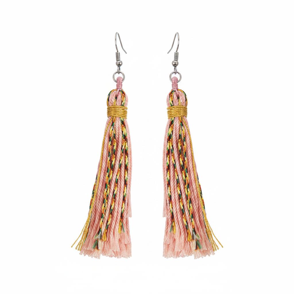 Pink Multi-Colored Polyster and Silvertone Tassel Statement Hook Earrings, silver drop earrings for women, side view