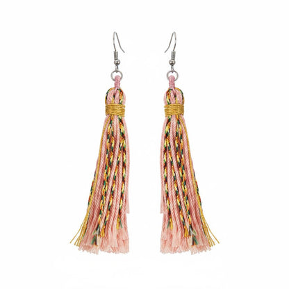 Pink Multi-Colored Polyster and Silvertone Tassel Statement Hook Earrings, silver drop earrings for women, side view