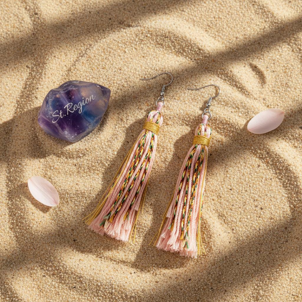 Pink Multi-Colored Polyster and Silvertone Tassel Statement Hook Earrings, silver drop earrings for women, detail close-up