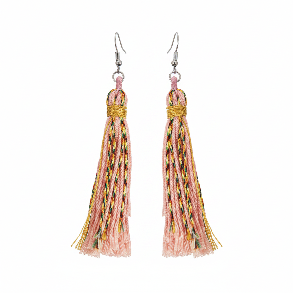Pink Multi-Colored Polyster & Silvertone Tassel Statement Hook Earrings - Street Region