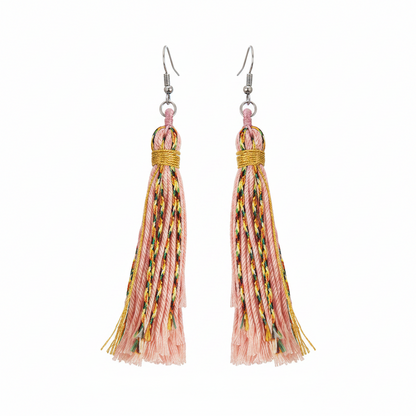 Pink Multi-Colored Polyster & Silvertone Tassel Statement Hook Earrings - Street Region