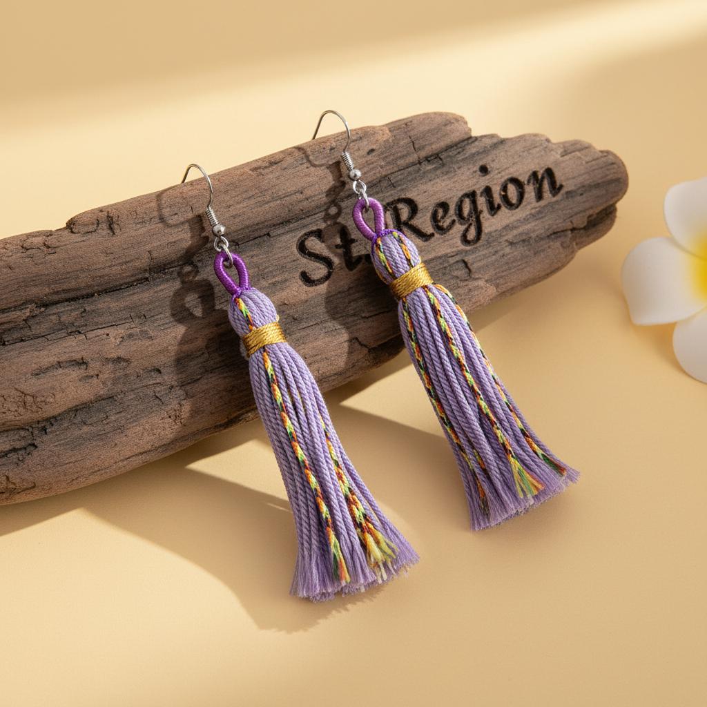 Purple Multi-Colored Polyster and Silvertone Tassel Statement Hook Earrings, silver drop earrings for women, front view