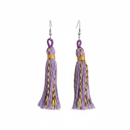 Purple Multi-Colored Polyster and Silvertone Tassel Statement Hook Earrings, silver drop earrings for women, side view