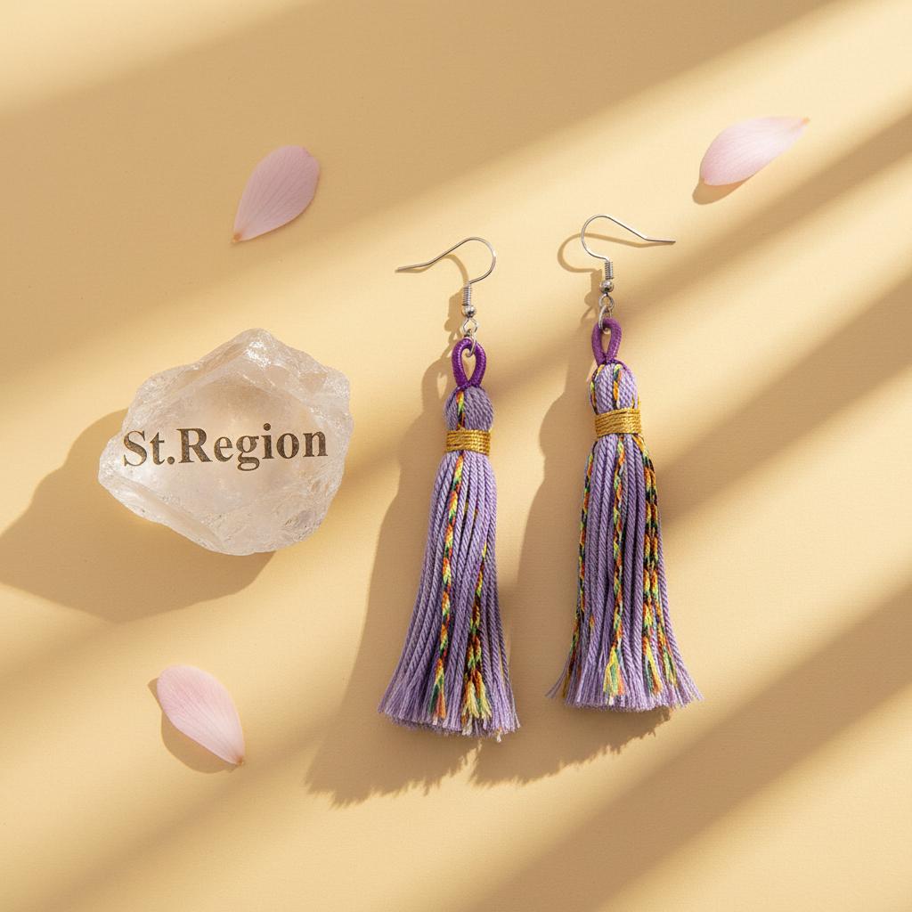 Purple Multi-Colored Polyster and Silvertone Tassel Statement Hook Earrings, silver drop earrings for women, detail close-up