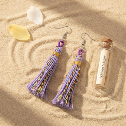 Purple Multi-Colored Polyster and Silvertone Tassel Statement Hook Earrings, silver drop earrings for women, lifestyle look
