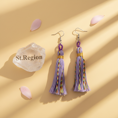 Purple Multi-Colored Polyster & Silvertone Tassel Statement Hook Earrings - Street Region
