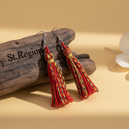 Red Multi-Colored Polyster and Silvertone Tassel Statement Hook Earrings, silver drop earrings for women, front view