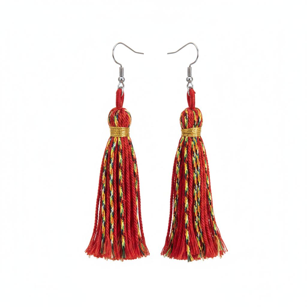 Red Multi-Colored Polyster and Silvertone Tassel Statement Hook Earrings, silver drop earrings for women, side view