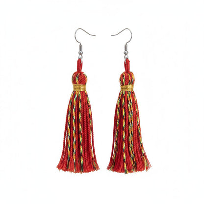 Red Multi-Colored Polyster and Silvertone Tassel Statement Hook Earrings, silver drop earrings for women, side view