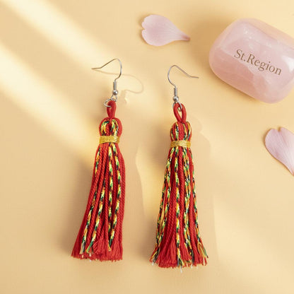 Red Multi-Colored Polyster and Silvertone Tassel Statement Hook Earrings, silver drop earrings for women, detail close-up