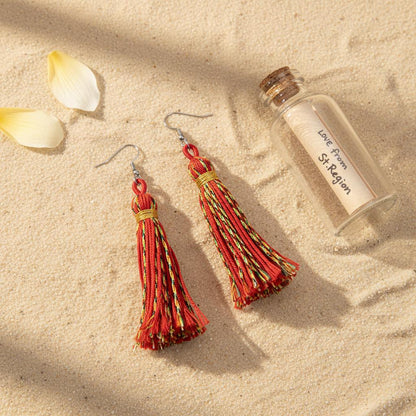 Red Multi-Colored Polyster and Silvertone Tassel Statement Hook Earrings, silver drop earrings for women, lifestyle look