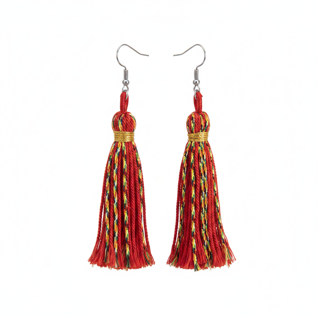 Red Multi-Colored Polyster & Silvertone Tassel Statement Hook Earrings - Street Region