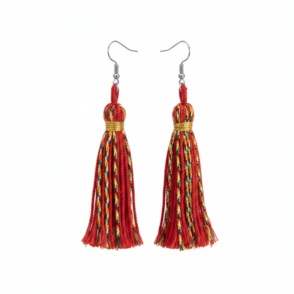Red Multi-Colored Polyster & Silvertone Tassel Statement Hook Earrings - Street Region