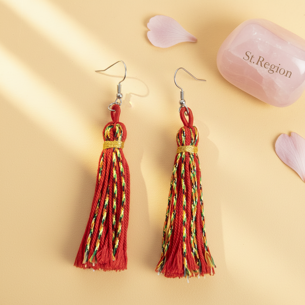Red Multi-Colored Polyster & Silvertone Tassel Statement Hook Earrings - Street Region
