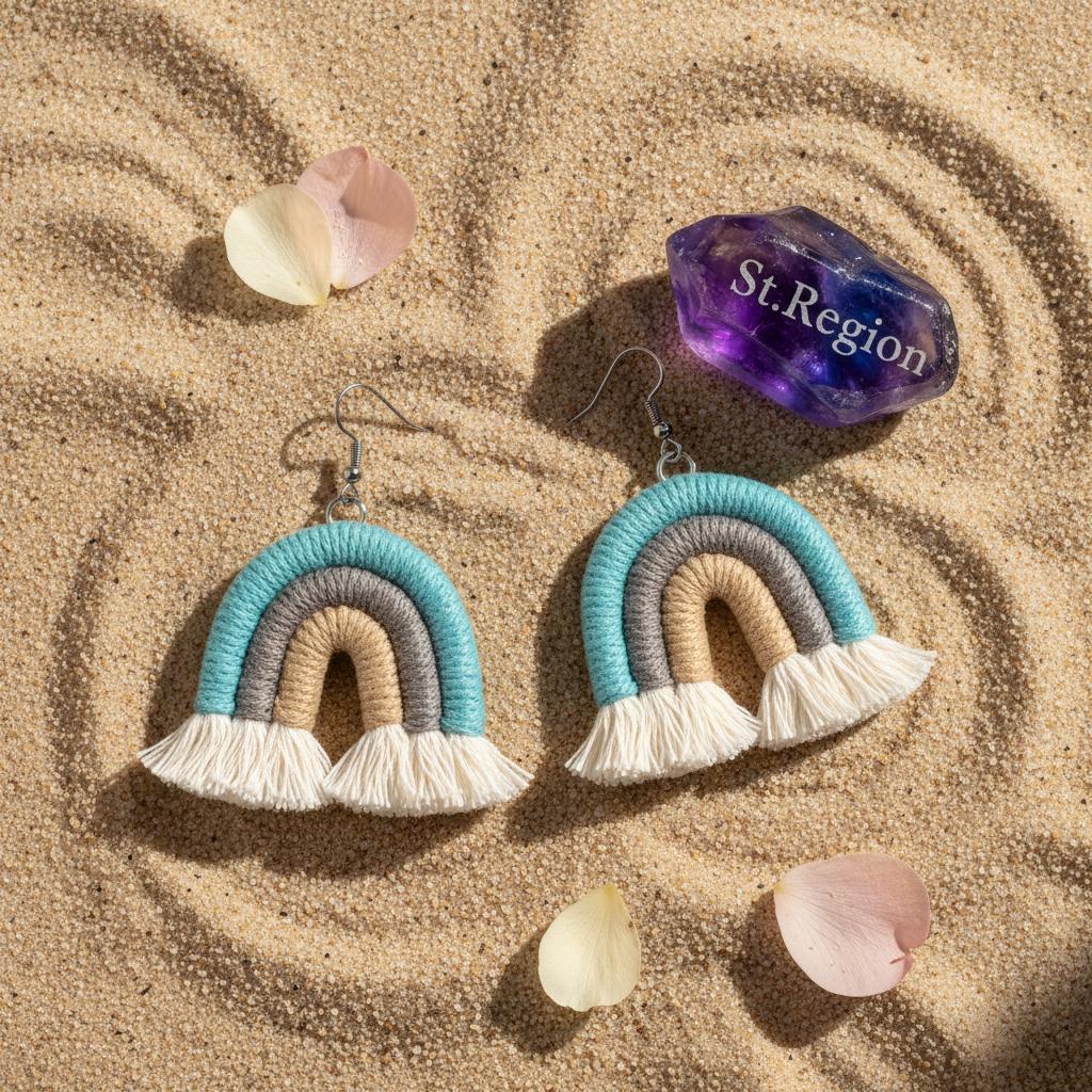 Blue Multi-Colored Yarn and Silvertone Rainbow Tassel Hook Earrings, silver drop earrings for women, detail close-up