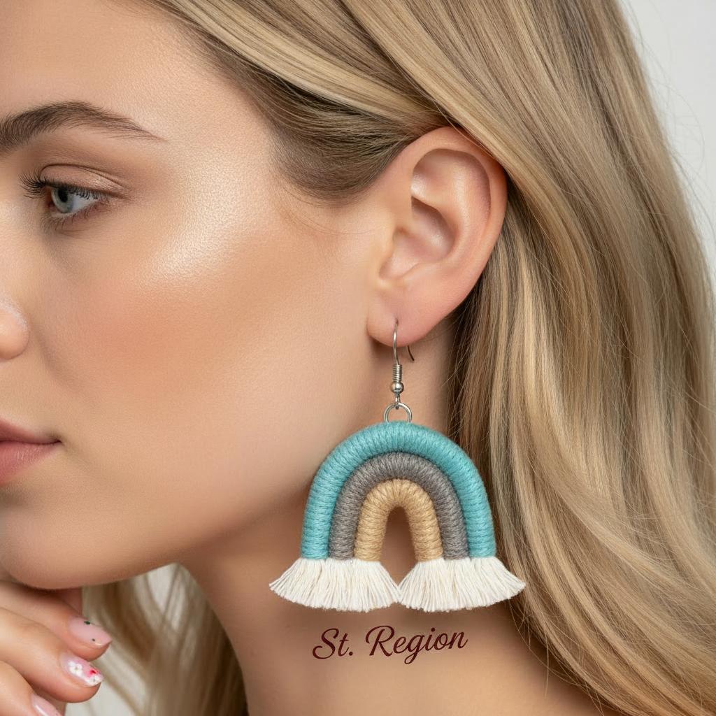 Blue Multi-Colored Yarn and Silvertone Rainbow Tassel Hook Earrings, silver drop earrings for women, styled look