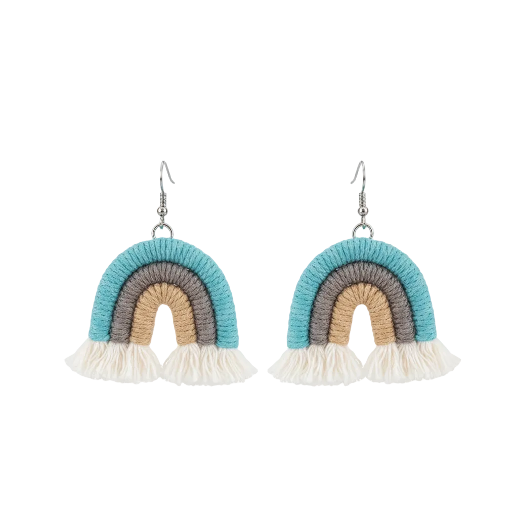 Blue Multi-Colored Yarn & Silvertone Rainbow Tassel Hook Earrings - Street Region