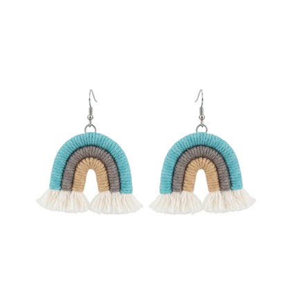 Blue Multi-Colored Yarn & Silvertone Rainbow Tassel Hook Earrings - Street Region