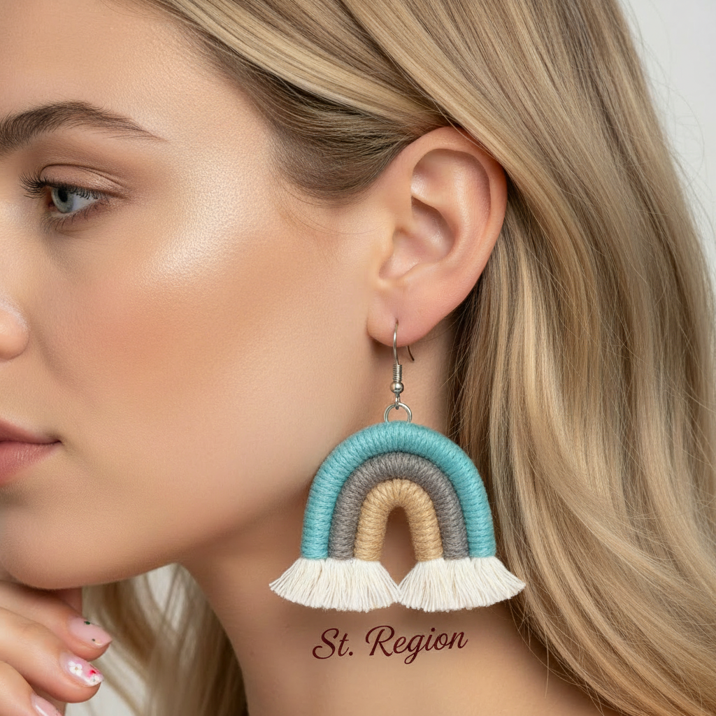 Blue Multi-Colored Yarn & Silvertone Rainbow Tassel Hook Earrings - Street Region